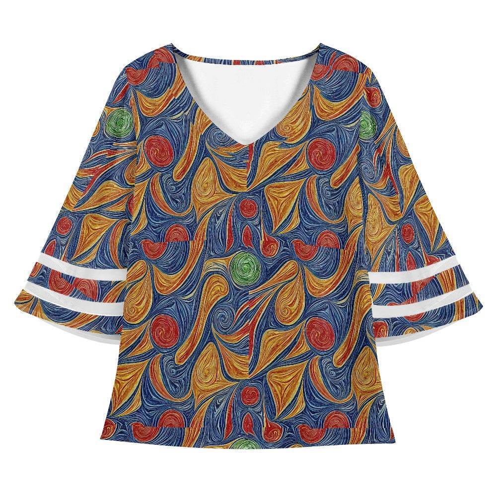 Abstract Women Puff Sleeve Blouse