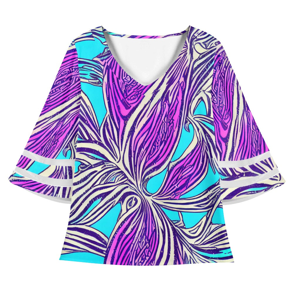 Purple and Blue Women Puff Sleeve Blouse