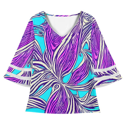 Purple and Blue Women Puff Sleeve Blouse
