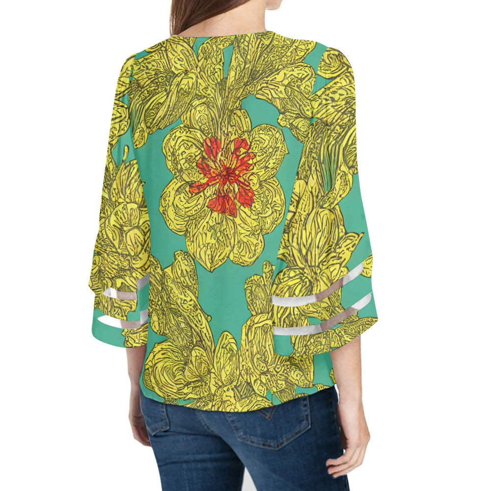 Green and Gold Women Puff Sleeve Blouse