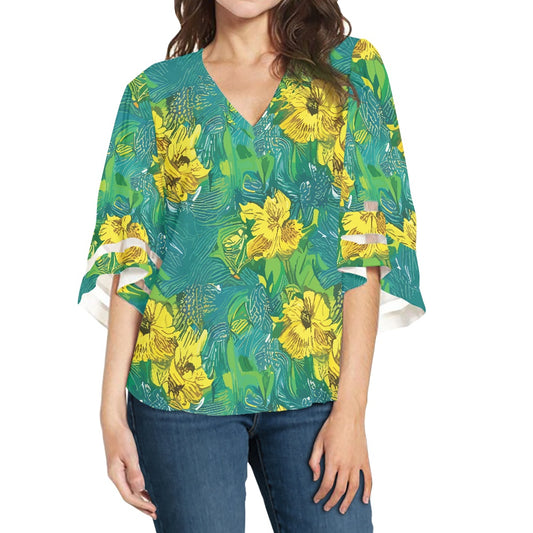 Green and Yellow Flowers Women Puff Sleeve Blouse white