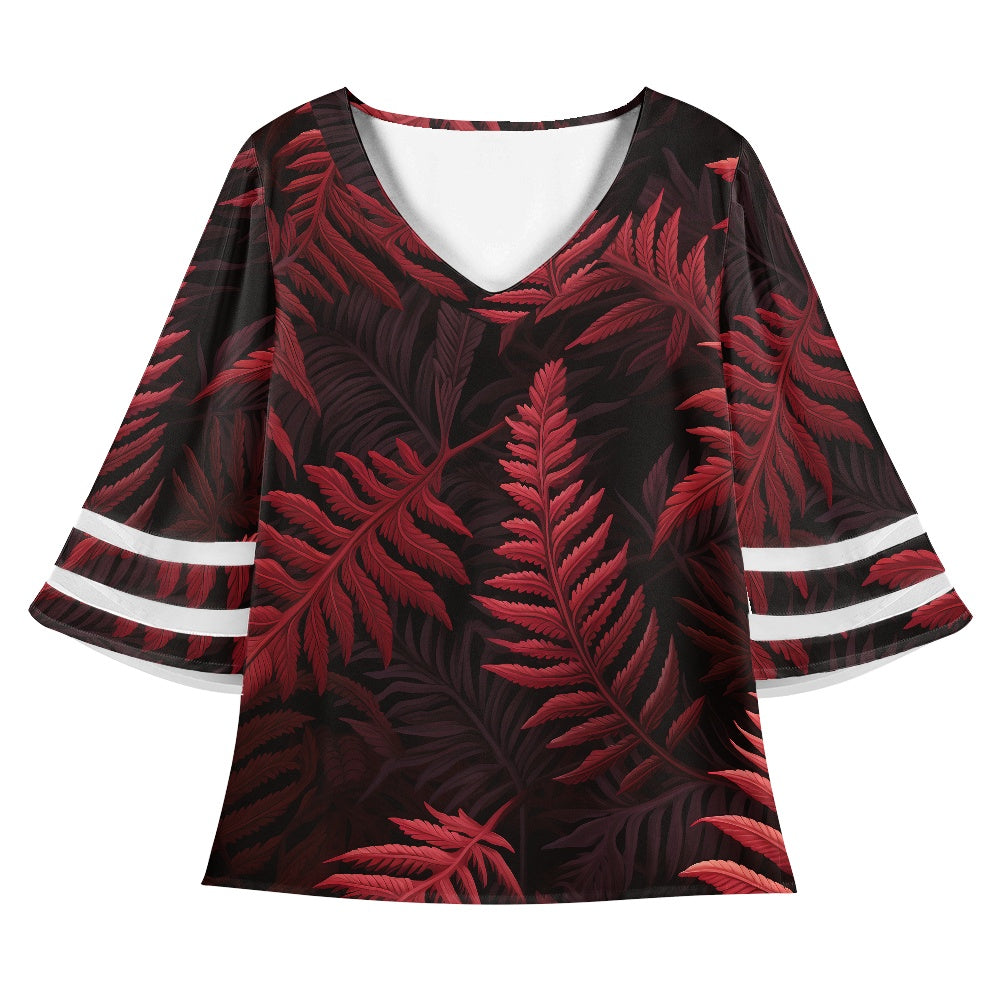 Women's Red Fern Print Long Sleeve Blouse, Elegant Puff Sleeve Chiffon Shirt, Comfortable Wear-Resistant Top