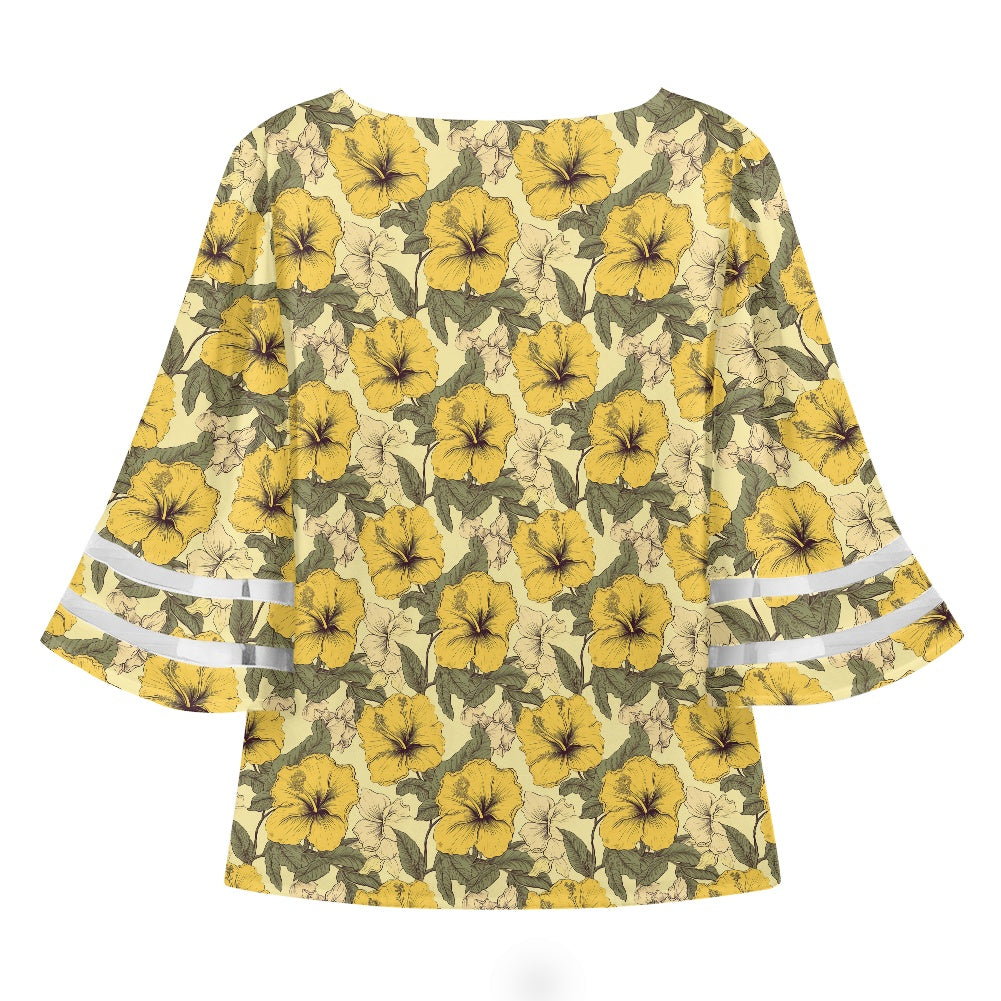 Yellow Hibiscus Women Puff Sleeve Blouse