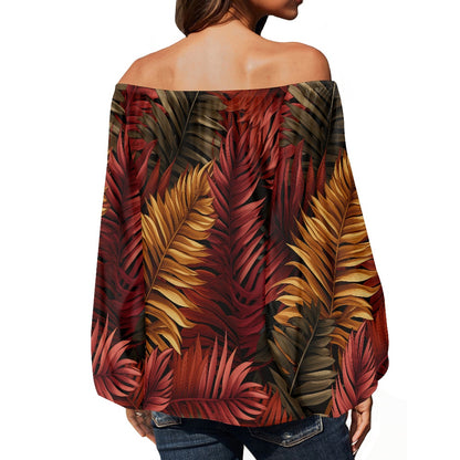 Red and Gold Off-Shouldered Chiffon Blouse