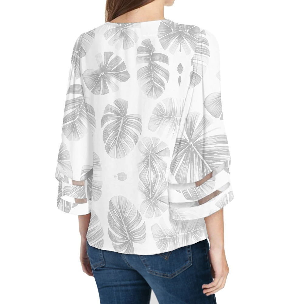 White Monstera Women Puff Sleeve Blouse