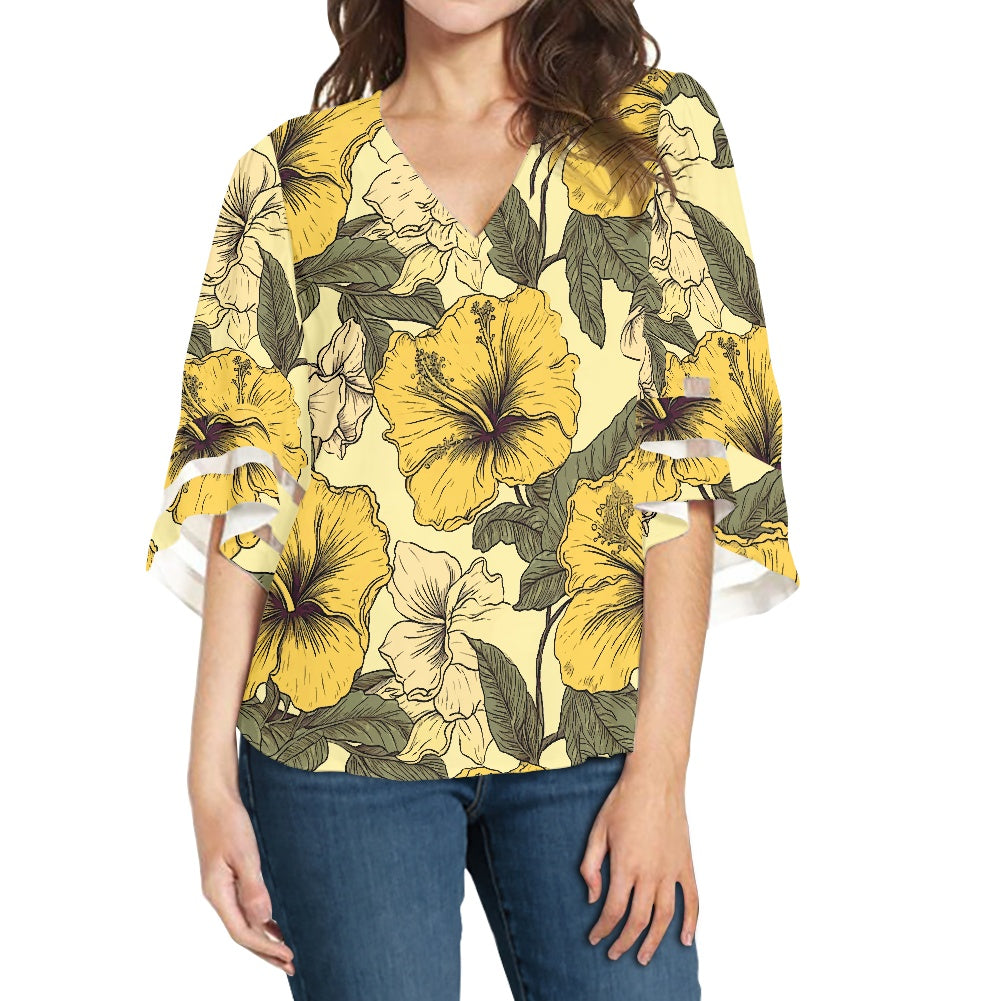 Yellow Hibiscus Women Puff Sleeve Blouse white