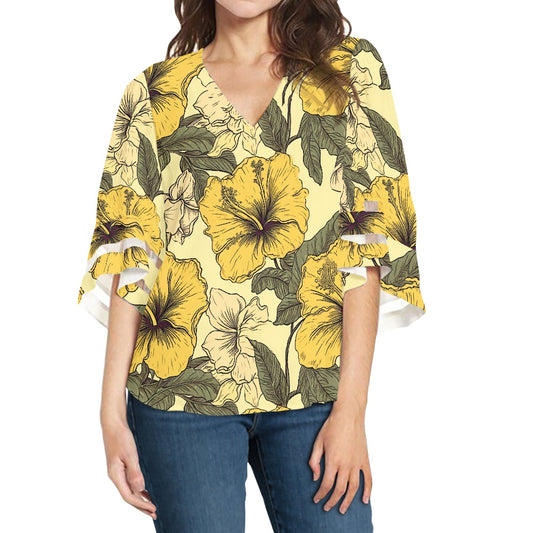 Yellow Hibiscus Women Puff Sleeve Blouse white