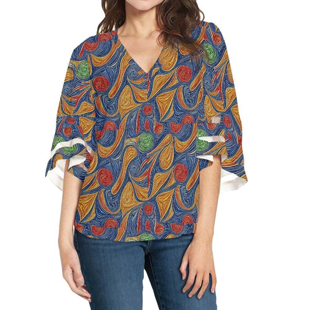 Abstract Women Puff Sleeve Blouse white