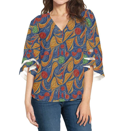 Abstract Women Puff Sleeve Blouse white