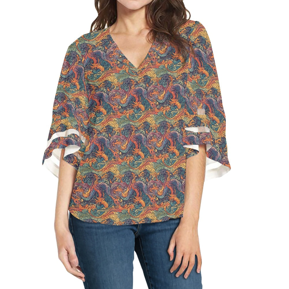 Dragon and Phoenix Women Puff Sleeve Blouse white