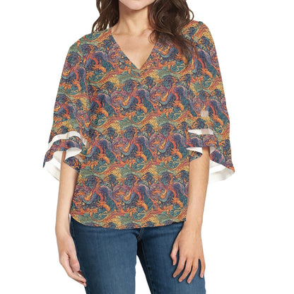 Dragon and Phoenix Women Puff Sleeve Blouse white