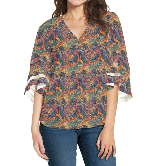 Dragon and Phoenix Women Puff Sleeve Blouse white