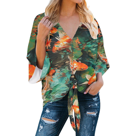 Magic of Koi V-Neck Streamer Chiffon Blouse white