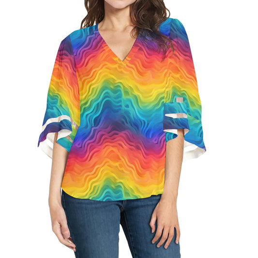 Rainbow Ripple Women Puff Sleeve Blouse white