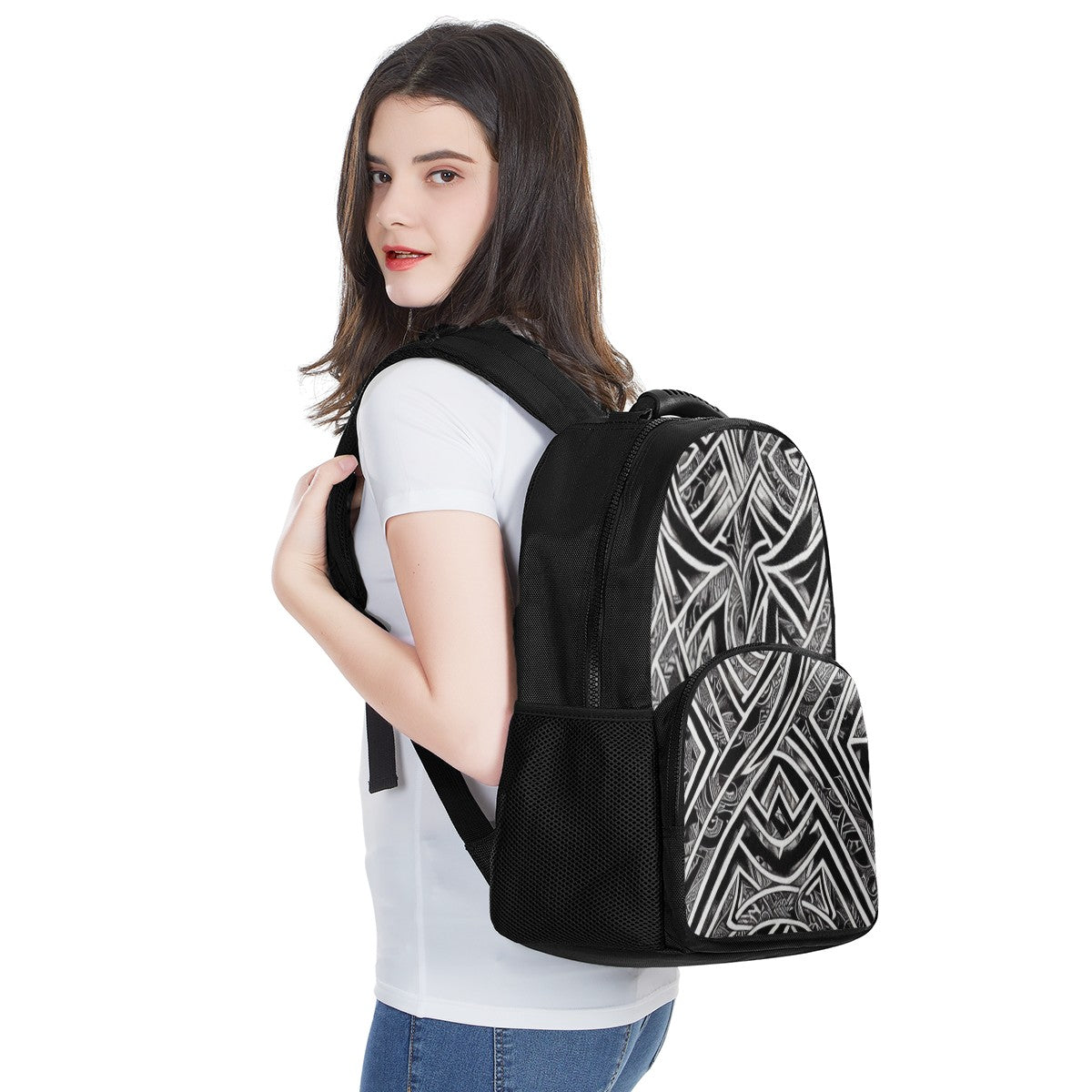 Black and White Polynesian 17 Inch Felt Backpack