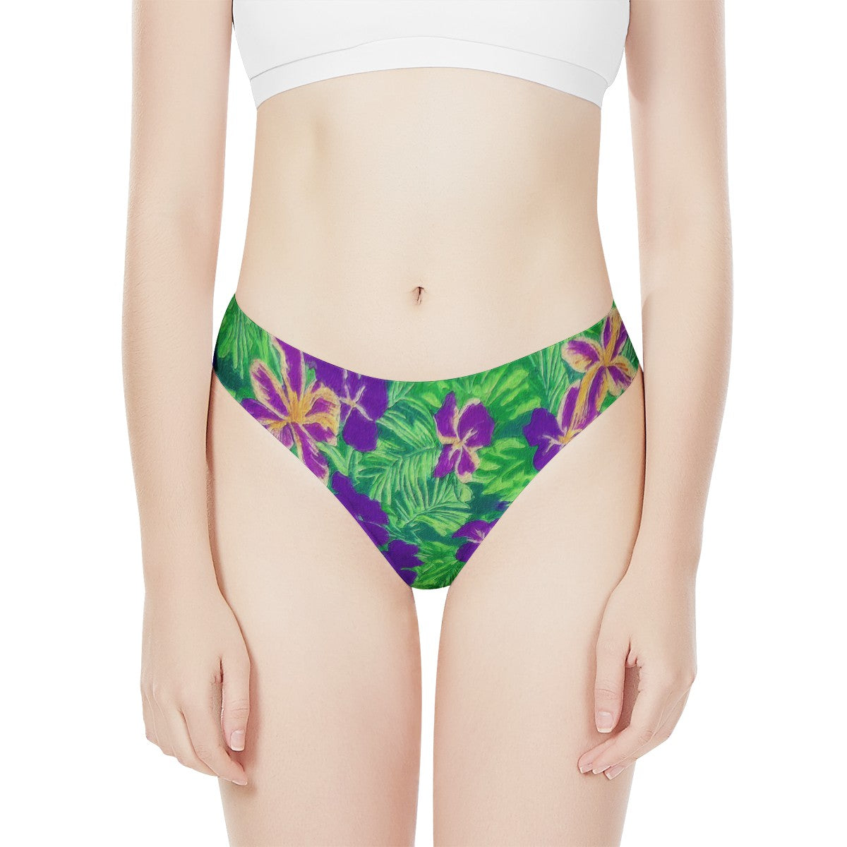 Blue Flag Iris on Green Women's All Over Print Thongs - Luxtrini, LLC