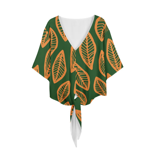 African | Ethnic | Mudcloth | #16 Green and Orange Women V-neck Streamers Blouse