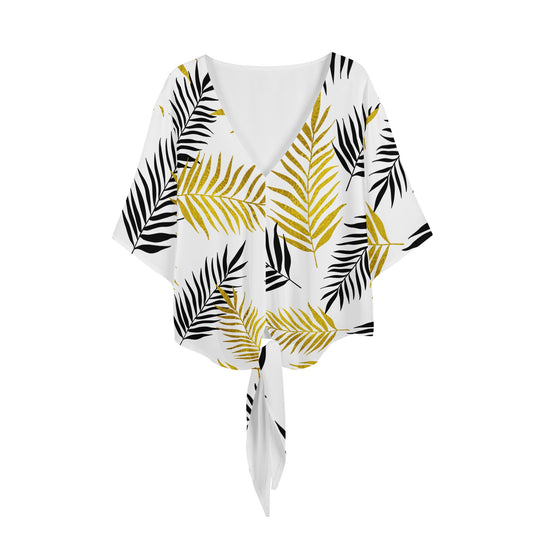 Black and Gold Palm Branches Women V-neck Streamers Blouse