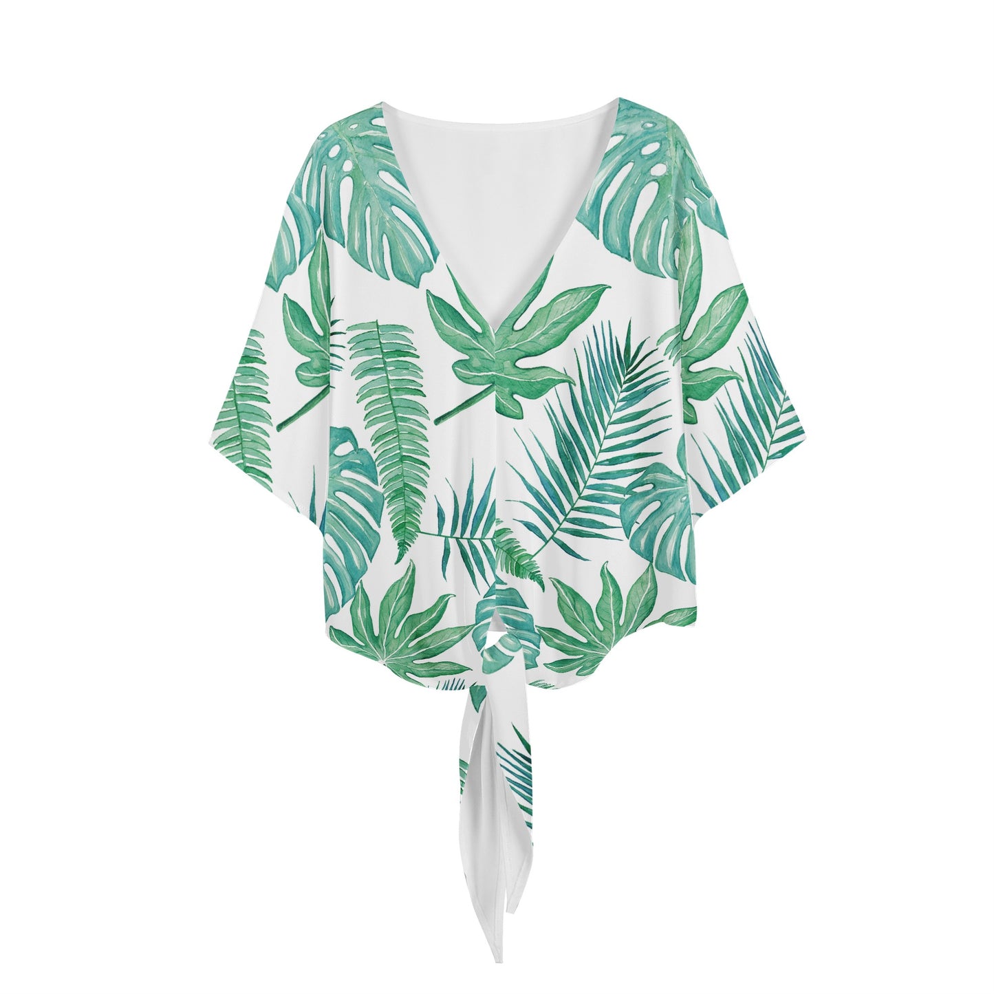 Palm and Monstera Leaf Green Women V-neck Streamers Blouse