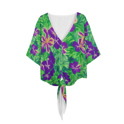 Blue Flag Iris on Green Women V-neck Streamers Blouse - Luxtrini, LLC