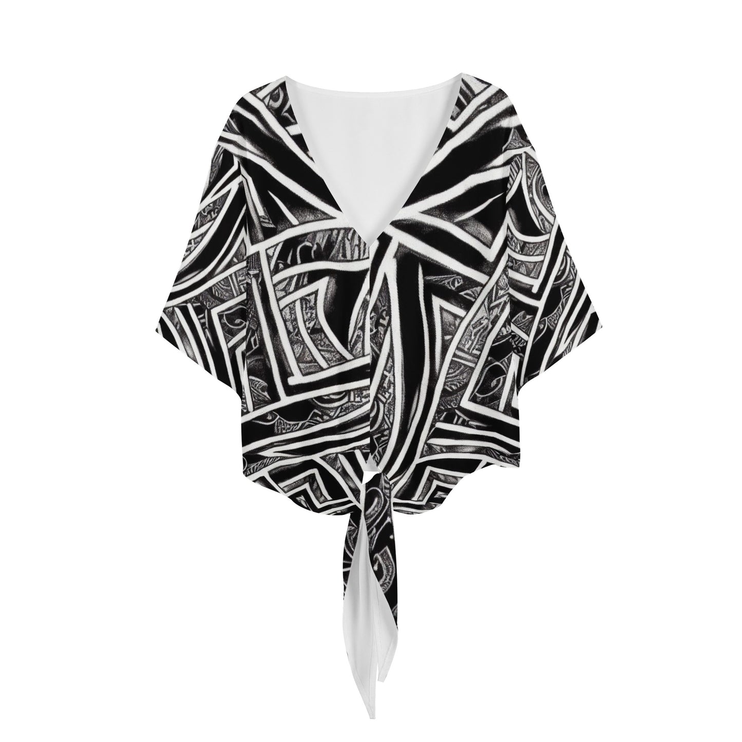 Black and White Polynesian Women V-neck Streamers Blouse