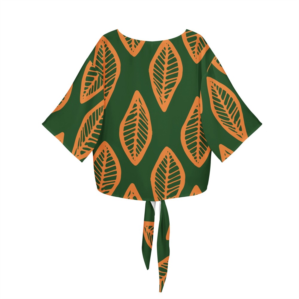 African | Ethnic | Mudcloth | #16 Green and Orange Women V-neck Streamers Blouse