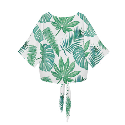 Palm and Monstera Leaf Green Women V-neck Streamers Blouse