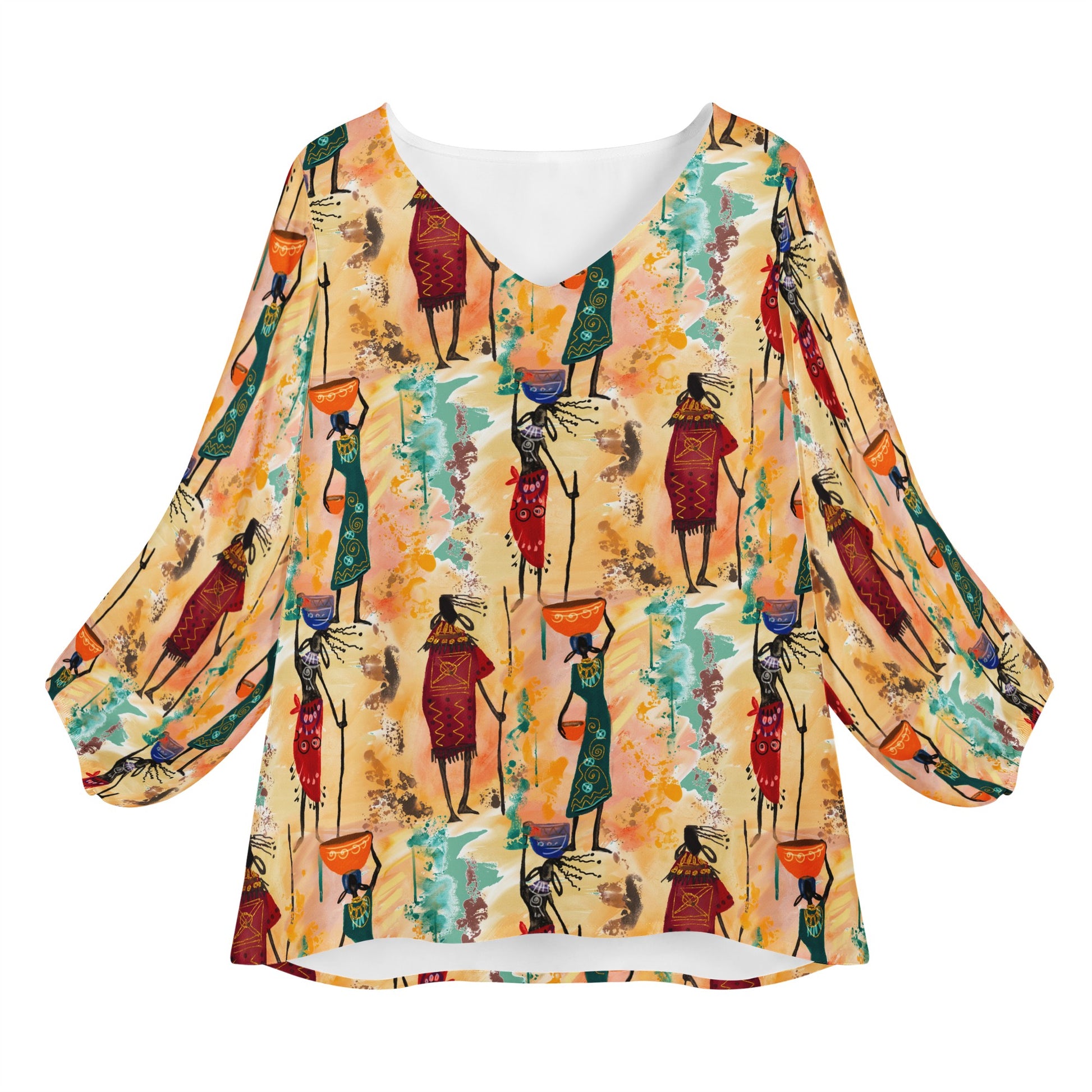 Tribal pattern Women Long Sleeve Puff Sleeve Blouse - Luxtrini, LLC