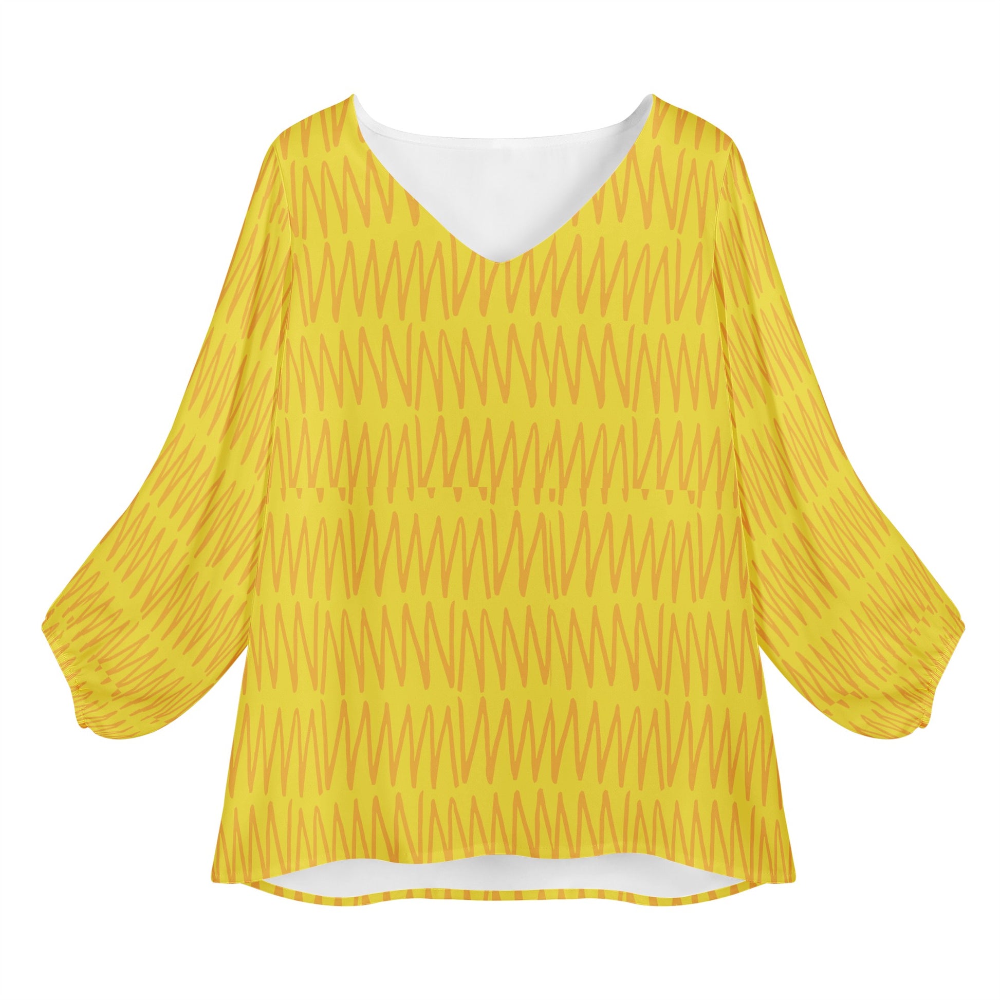 African Ethnic Mudcloth Yellow #40 Women Long Sleeve Puff Sleeve Blouse Women