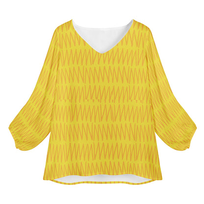 African Ethnic Mudcloth Yellow #40 Women Long Sleeve Puff Sleeve Blouse Women