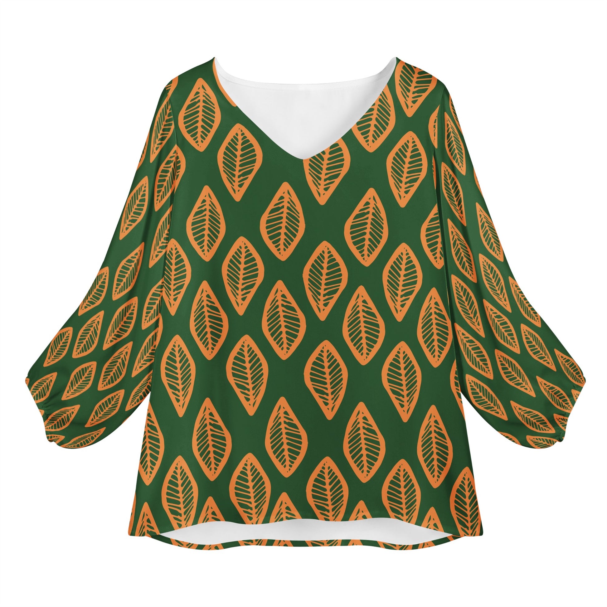 African Ethnic MudCloth #16 Green and Orange Women Long Sleeve Puff Sleeve Blouse Women