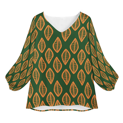African Ethnic MudCloth #16 Green and Orange Women Long Sleeve Puff Sleeve Blouse Women