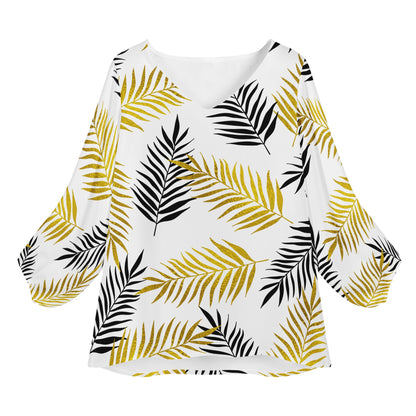 Black and Gold Palm Branches Women Long Sleeve Puff Sleeve Blouse Women