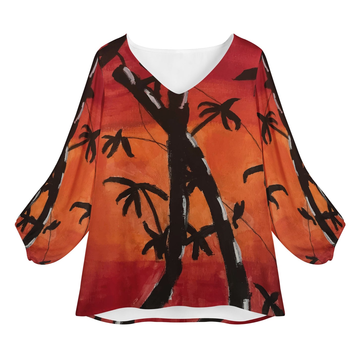 Bamboo at Sunset Women Long Sleeve Puff Sleeve Blouse Women