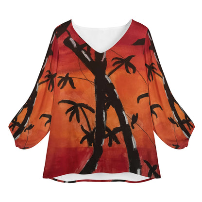 Bamboo at Sunset Women Long Sleeve Puff Sleeve Blouse Women