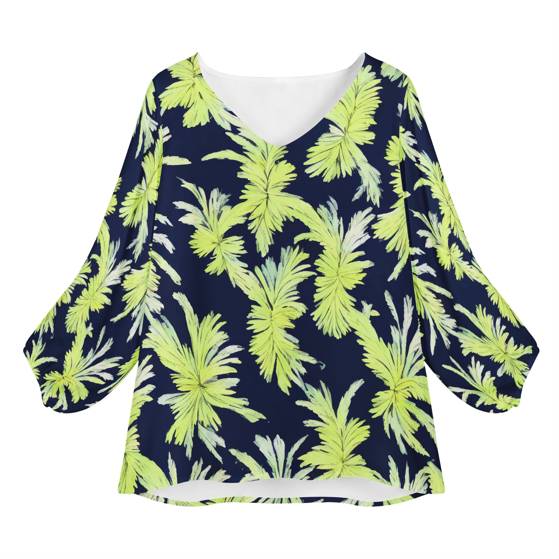 Puakenikeni - Lime Green and Black Women Long Sleeve Puff Sleeve Blouse - Luxtrini, LLC