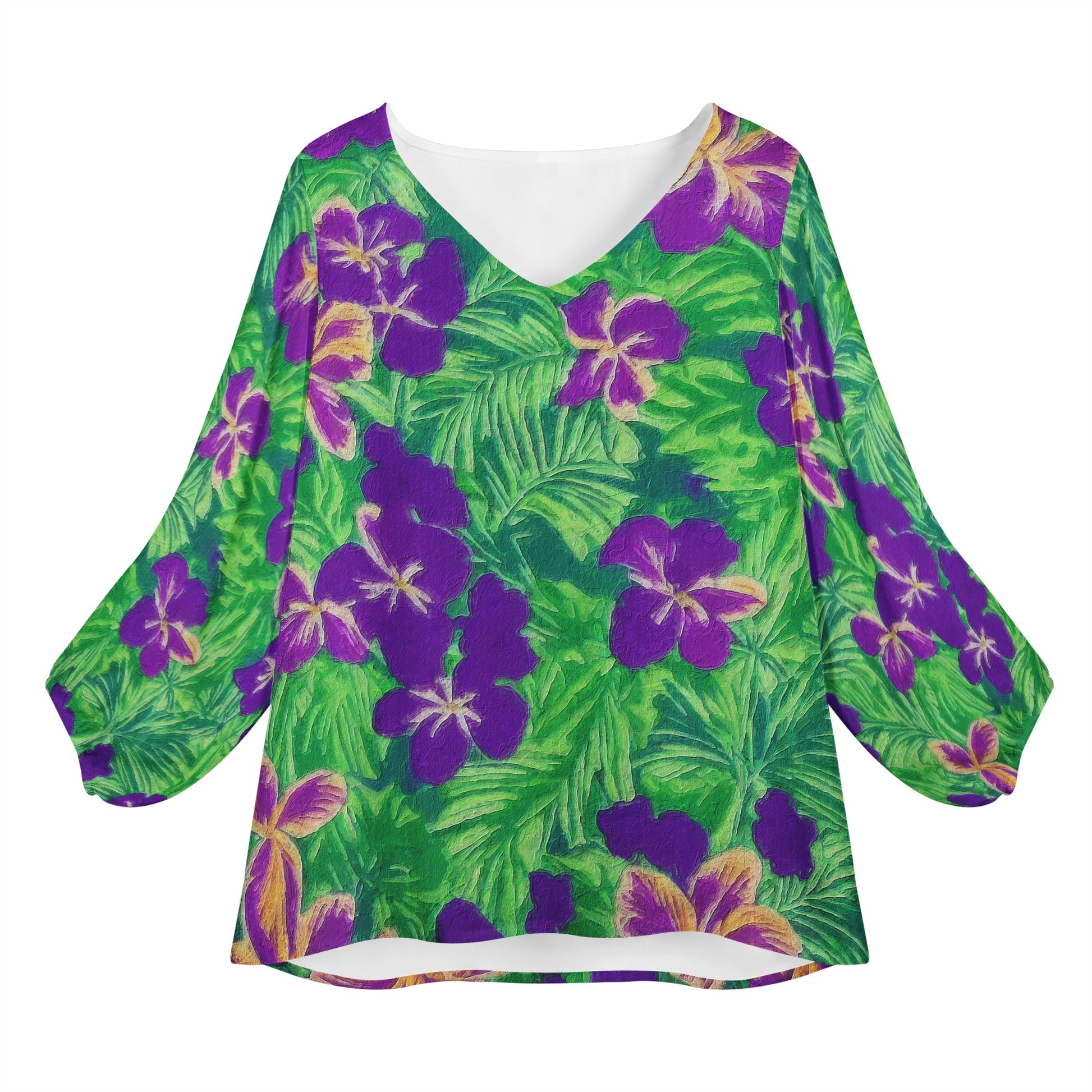 Blue Flag Iris on Green Women Long Sleeve Puff Sleeve Blouse - Luxtrini, LLC