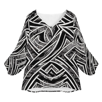 Black and White Polynesian Women Long Sleeve Puff Sleeve Blouse