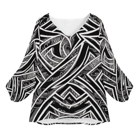 Black and White Polynesian Women Long Sleeve Puff Sleeve Blouse