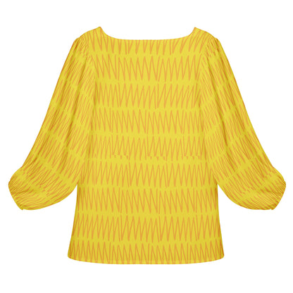 African Ethnic Mudcloth Yellow #40 Women Long Sleeve Puff Sleeve Blouse