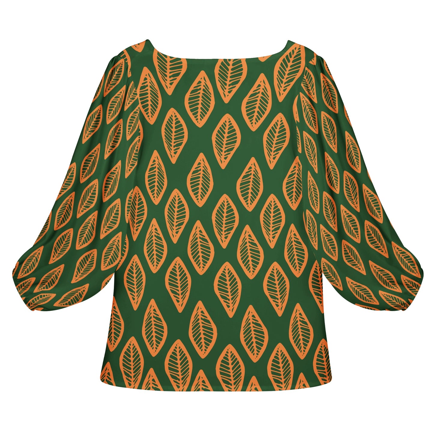 African Ethnic MudCloth #16 Green and Orange Women Long Sleeve Puff Sleeve Blouse