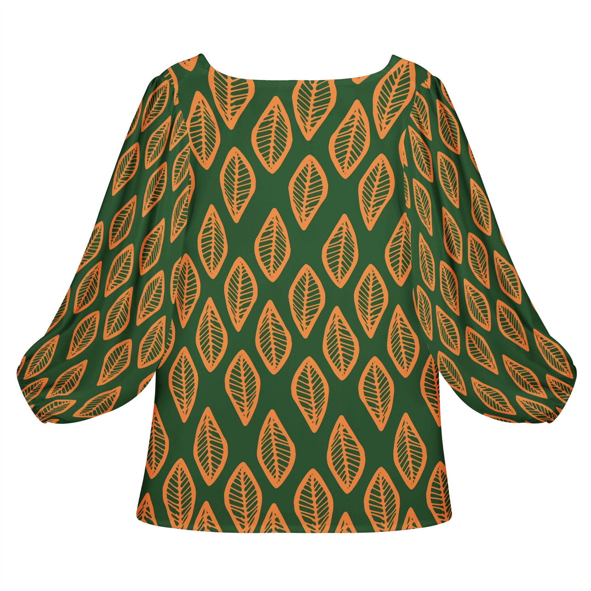African Ethnic MudCloth #16 Green and Orange Women Long Sleeve Puff Sleeve Blouse