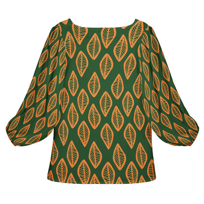 African Ethnic MudCloth #16 Green and Orange Women Long Sleeve Puff Sleeve Blouse