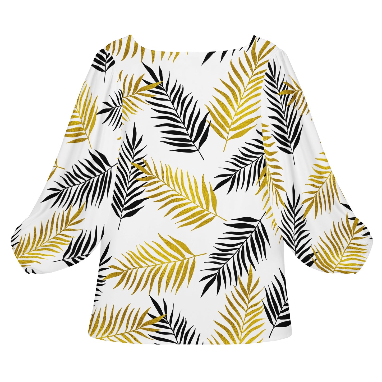 Black and Gold Palm Branches Women Long Sleeve Puff Sleeve Blouse