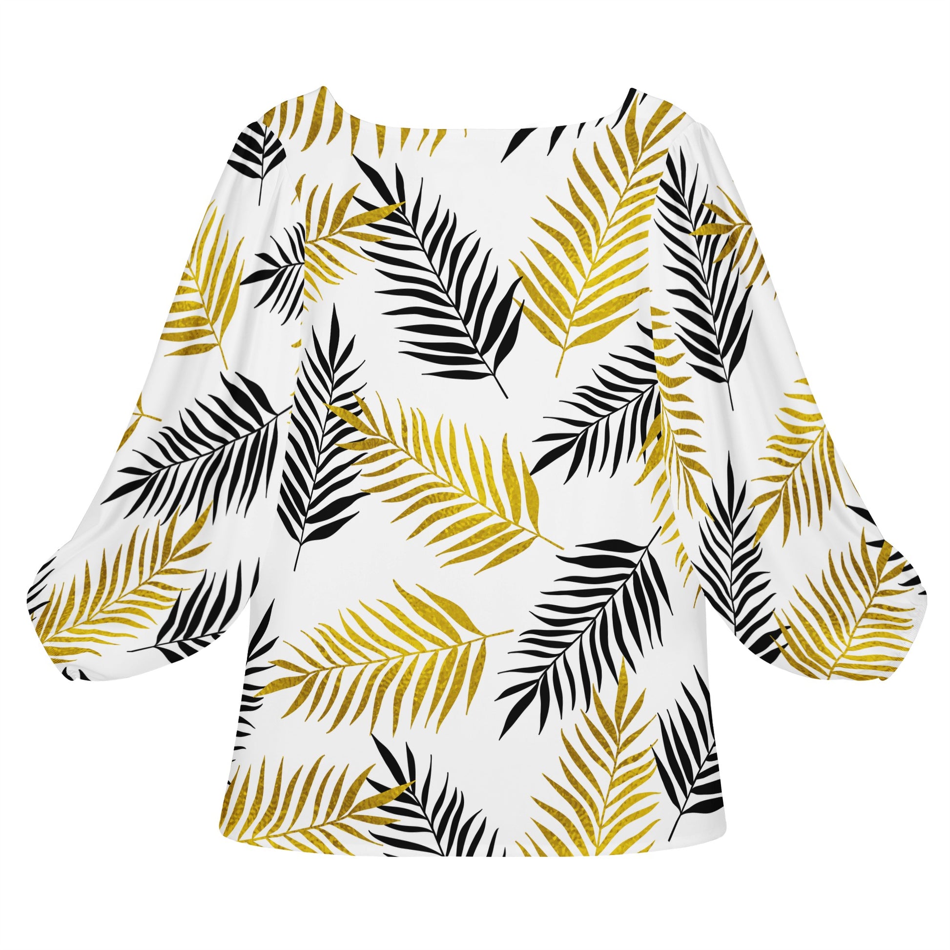 Black and Gold Palm Branches Women Long Sleeve Puff Sleeve Blouse