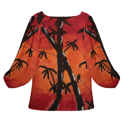 Bamboo at Sunset Women Long Sleeve Puff Sleeve Blouse
