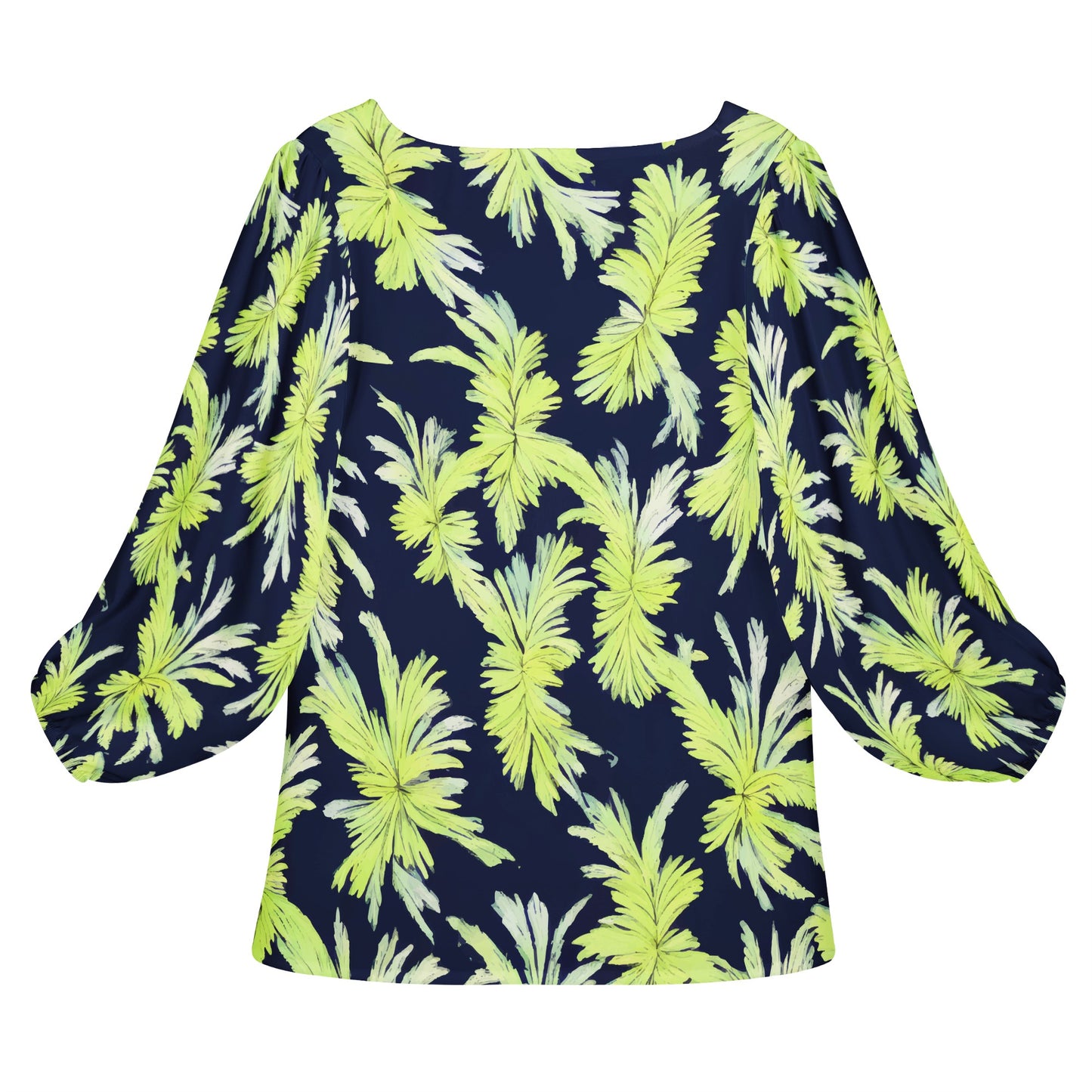 Puakenikeni - Lime Green and Black Women Long Sleeve Puff Sleeve Blouse - Luxtrini, LLC