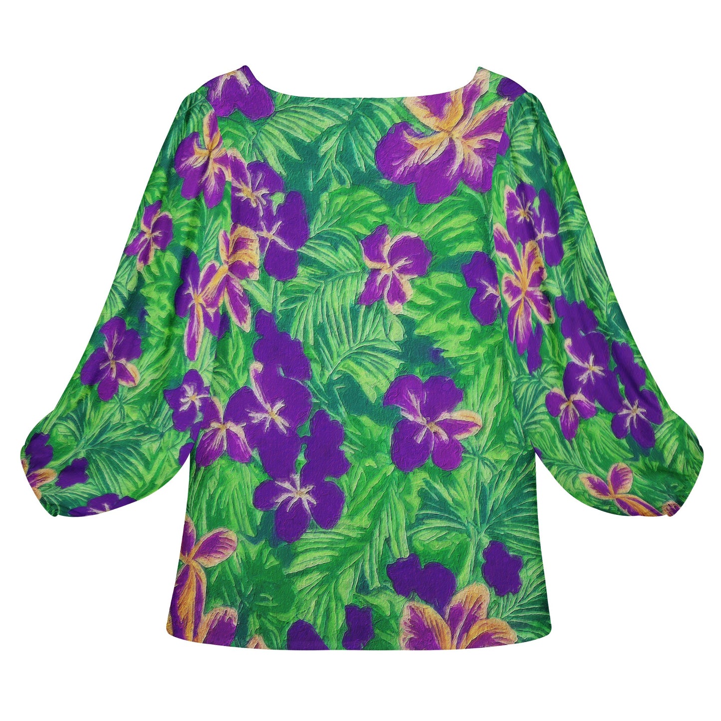 Blue Flag Iris on Green Women Long Sleeve Puff Sleeve Blouse - Luxtrini, LLC