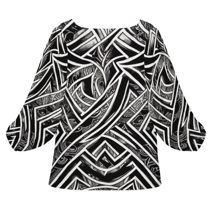 Black and White Polynesian Women Long Sleeve Puff Sleeve Blouse