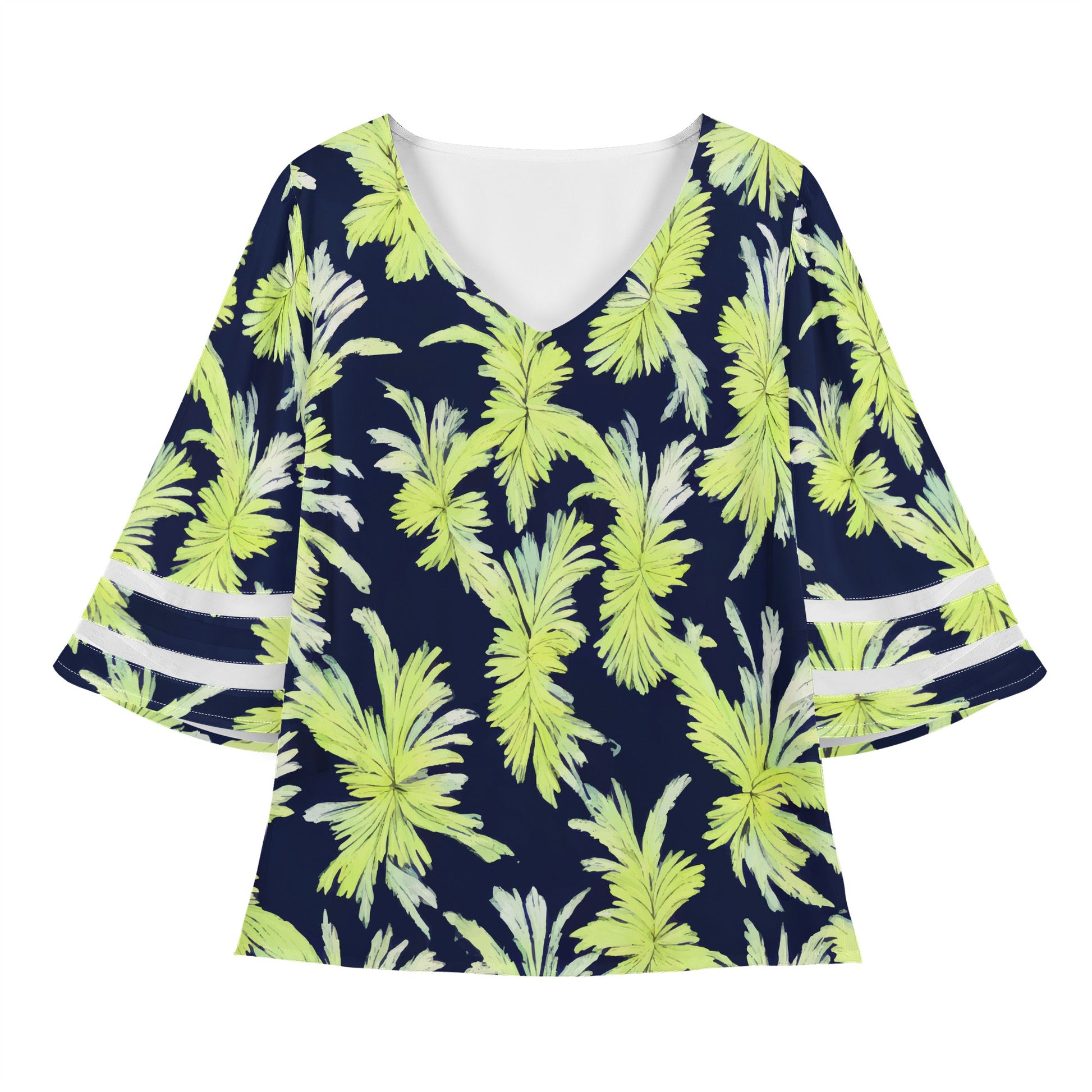 Puakenikeni - Lime Green and Black Women Puff Sleeve Blouse - Luxtrini, LLC